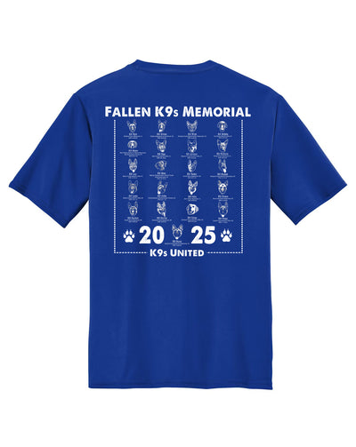 Blue "National Police K9 Day: 2025 Fallen K9 Memorial Virtual Run/Ruck" t-shirt with illustrated dog portraits on the back, honoring law enforcement K9s. Ideal for the Fallen K9 Memorial Ruck and Run or a virtual dog run. Youth sizes.