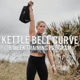 Woman outdoors lifting GORUCK kettlebell, promoting Kettlebell Curve 8 week training program