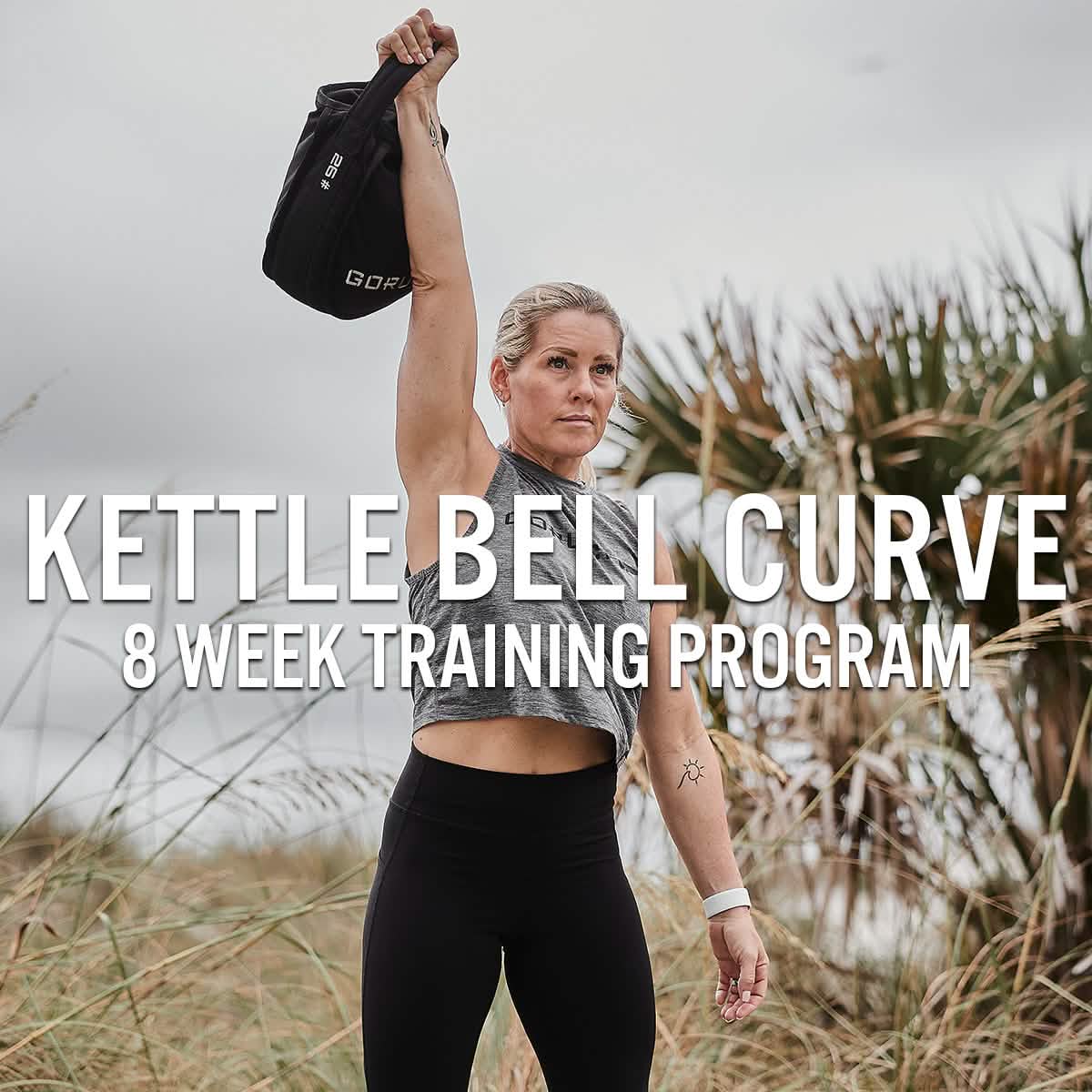 A person trains with kettlebells outdoors, surrounded by grass and a cloudy sky. Text overlay reads: GORUCK Kettle Bell Curve Training Program with Nichele (8-Week Training Program).