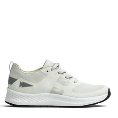 Introducing the GORUCK Men's Rough Runner in Light Grey and Dark Grey: This athletic shoe boasts a sleek, performance-enhancing design with gradient density. It features light gray accents on the heel adorned with an arrow-like graphic, while the textured white midsole seamlessly pairs with a black outer sole. Gray laces are threaded through ingeniously designed channels for added style and functionality.