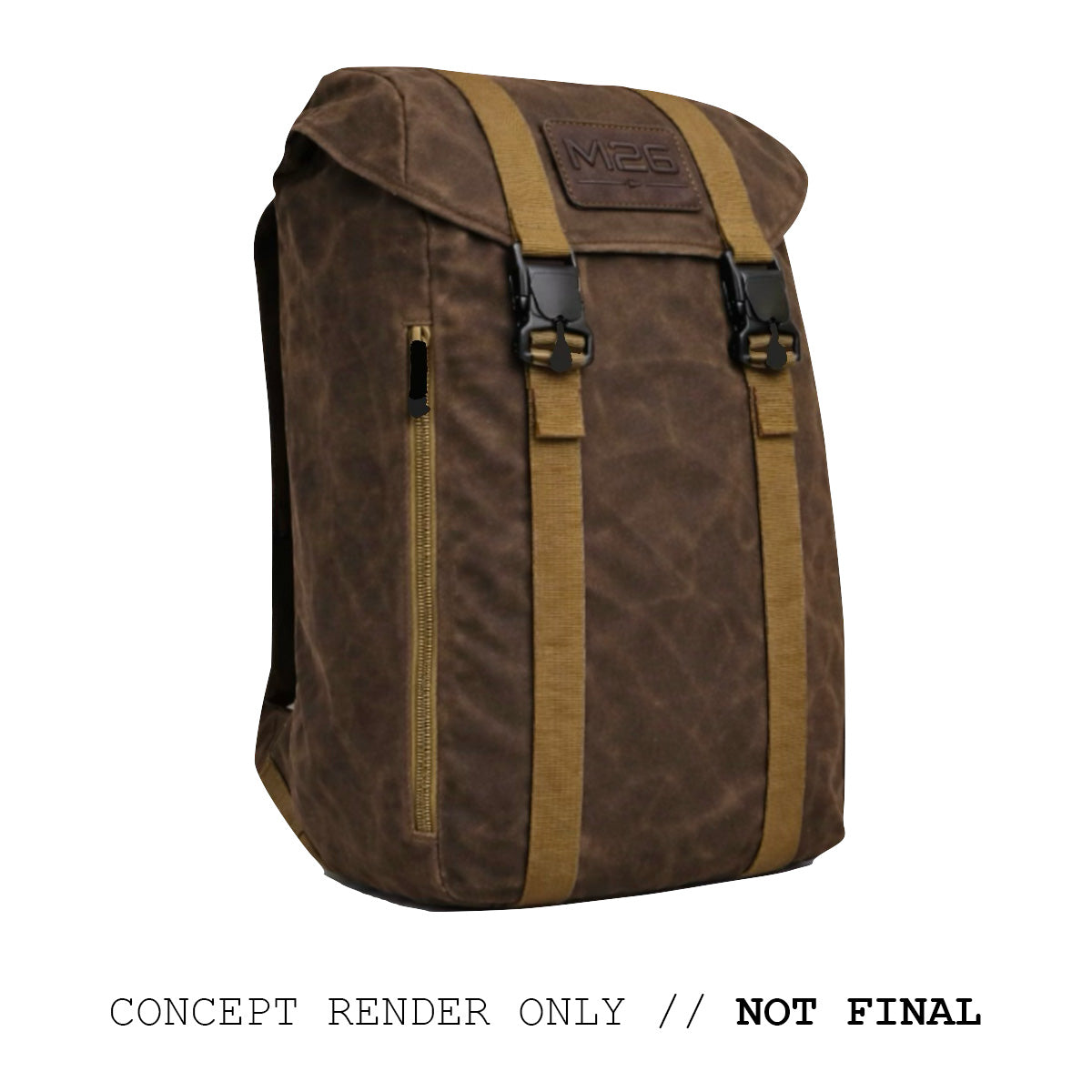 Brown backpack with tan straps and buckles, labeled 