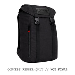 Black "M26 PREORDER // Q4 2026 ETA" backpack featuring a top flap, rugged 500D CORDURA, front zipper pocket, bold "CONCEPT RENDER ONLY // NOT FINAL" text, and a bombproof laptop compartment for extra security.