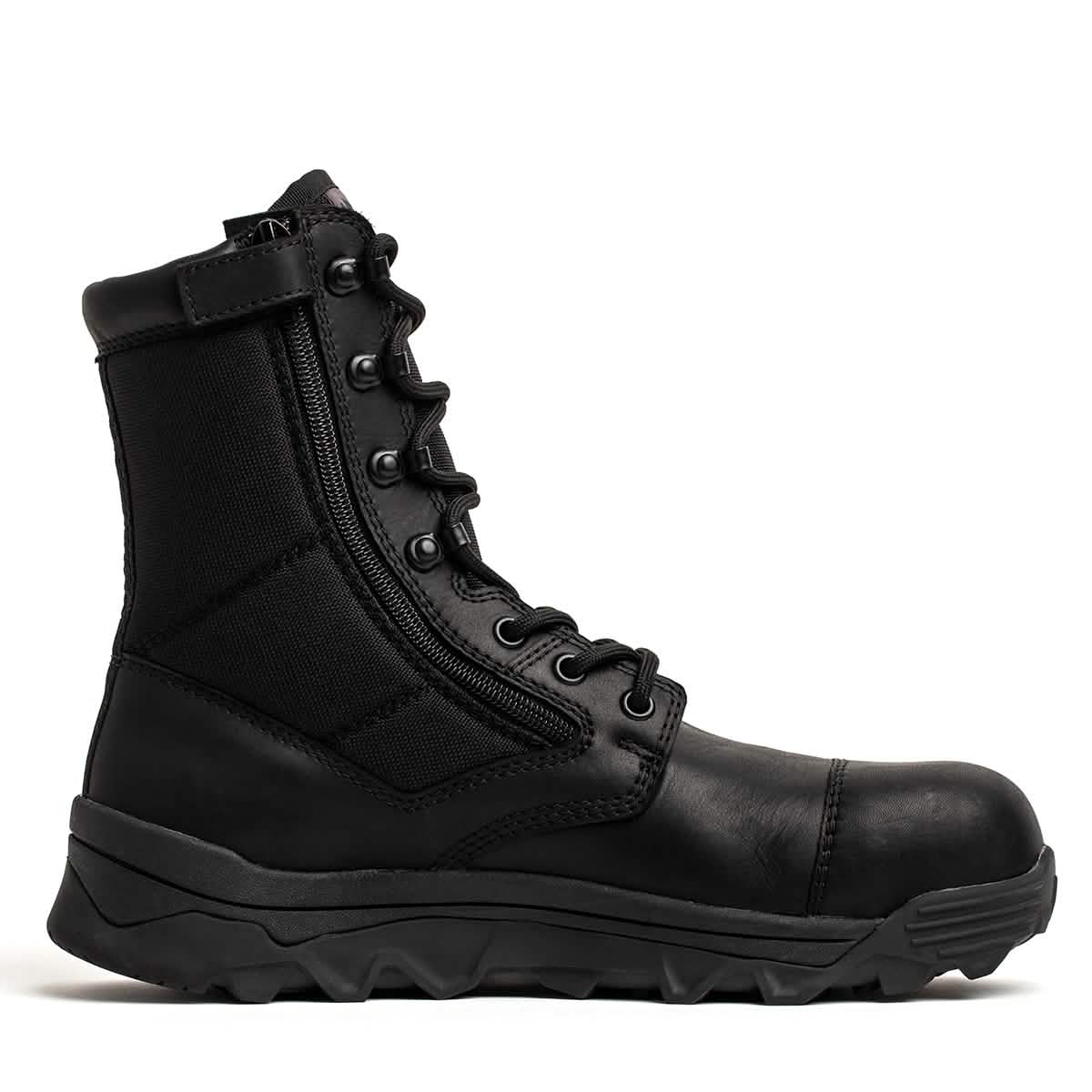 The GORUCK MACV-2 Safety Boot - High Top, designed to meet Special Forces standards, is displayed against a plain white background. This black tactical boot features a side zipper, lace-up front, rugged sole, and padded ankle support.