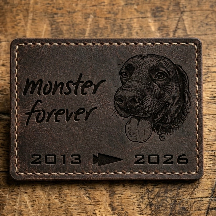 Show off your GR MONSTER pride with this leather patch featuring a dog’s face, the text “monster forever,” and the years 2013-2026 with an arrow—perfect for your GR MONSTER Rucksack - PREORDER or to add bold style to any GORUCK gear.