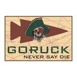 GORUCK Never Say Die patch featuring a pirate skull with eyepatch and hat on a tan map background