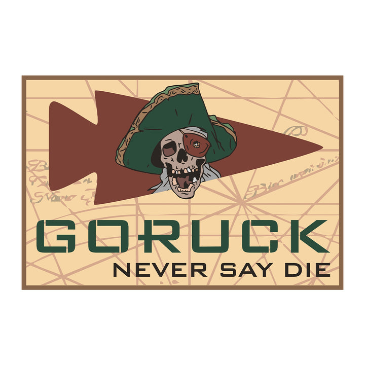 The Patch - Never Say Die Ruck features a pirate skull with an eyepatch and hat above “GORUCK NEVER SAY DIE” on a tan map background, inspired by The Goonies adventure movie.