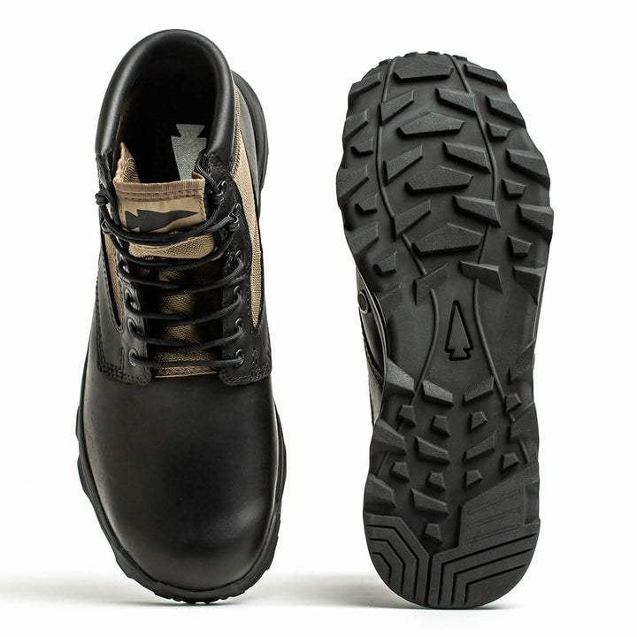 The GORUCK MACV-2 - Mid Top - Origins jungle boot is featured in black and brown, with views from the top and sole. The left side highlights the upper section with laces, while the right side reveals the rugged, textured sole engineered for traction, making it a dependable option for Special Forces.