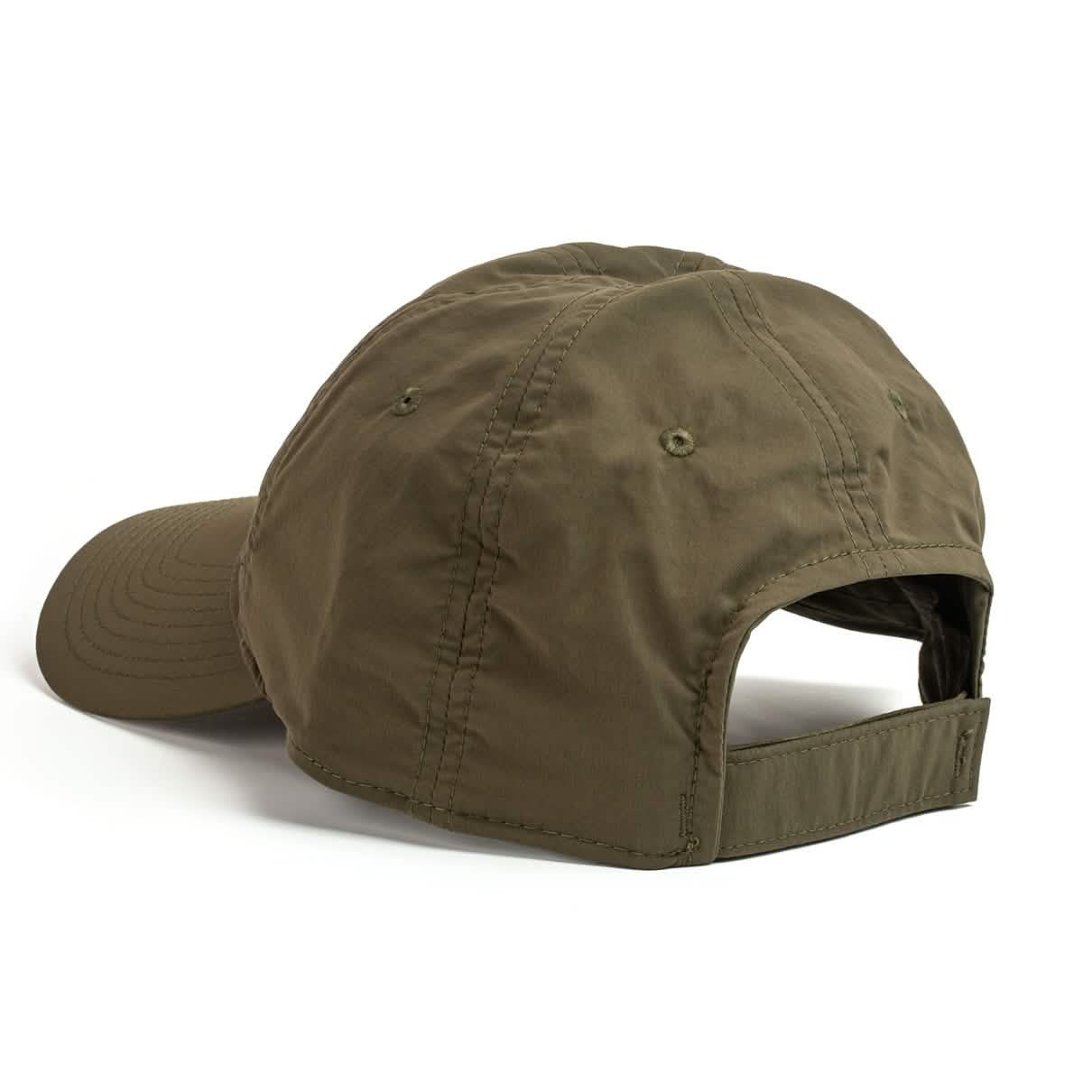 The Performance TAC Hat - Slick from GORUCK, made with TOUGHDRY fabric for superior durability, showcases an adjustable strap and is displayed from the back. Set against a plain white background, this green cap offers comfort with its sweat-wicking features.