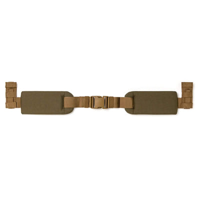 The GORUCK Padded Hip Belt, featuring adjustable brown straps and green padded sections, offers exceptional comfort with its padded hip belt. It includes a central buckle for secure fastening, making it perfect for carrying heavy loads. The design is minimalistic and functional, ideal for outdoor or military use.