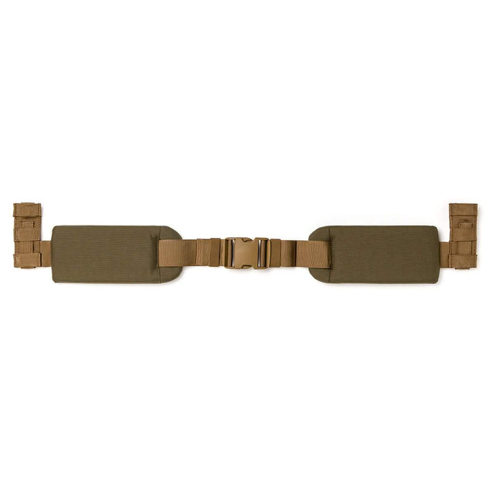 The GORUCK Padded Hip Belt, featuring adjustable brown straps and green padded sections, offers exceptional comfort with its padded hip belt. It includes a central buckle for secure fastening, making it perfect for carrying heavy loads. The design is minimalistic and functional, ideal for outdoor or military use.