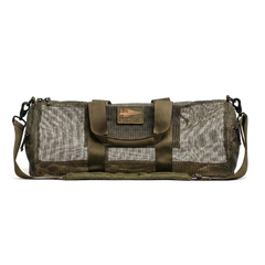 The Mesh Duffel Bag features breathable mesh, olive green straps, and a GORUCK logo patch—ideal for use as a dirty shoe bag or for carrying wet gear.