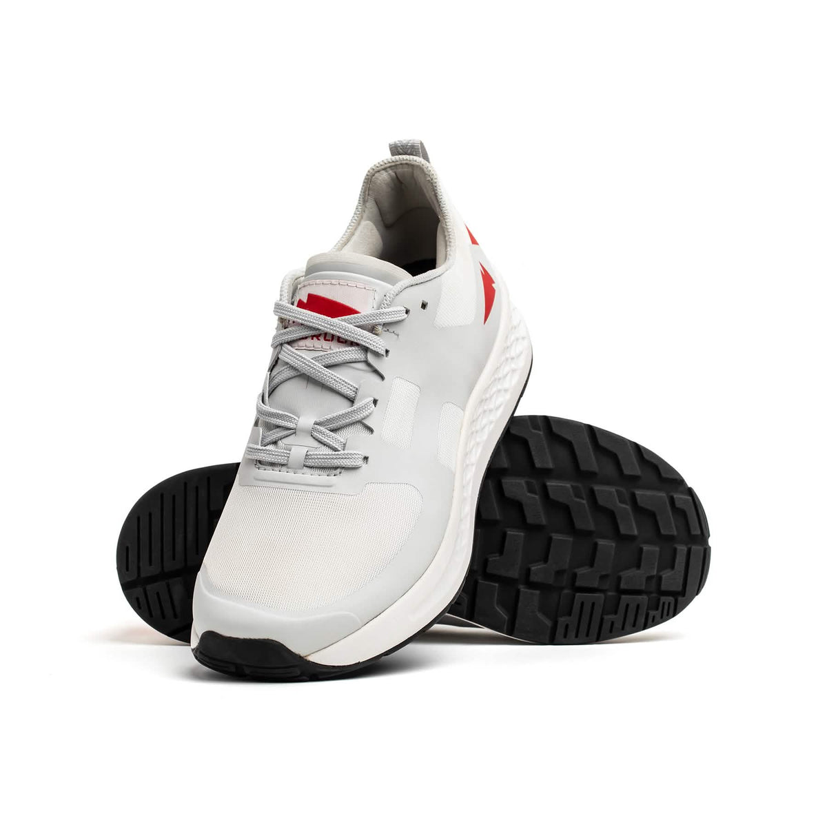 A pair of Men's Rough Runner sneakers in Light Grey + Red, featuring a Gradient Density EVA midsole for ultimate comfort—these lightweight running shoes are ideal for everyday wear.