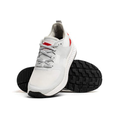 A pair of Men's Rough Runner sneakers in Light Grey + Red, featuring a Gradient Density EVA midsole for ultimate comfort—these lightweight running shoes are ideal for everyday wear.