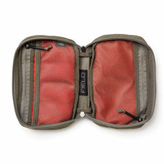 Open tactical organizer pouch with red mesh storage and gray ripstop fabric, GORUCK branding visible