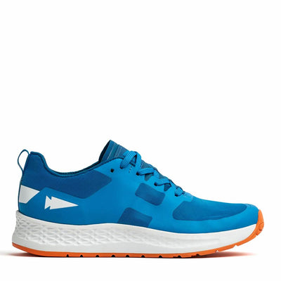 Introducing the Men's Rough Runner - Electric Blue by GORUCK—a dynamic athletic shoe designed for high mileage running, featuring a rich blue upper complemented by a white sole and vibrant orange outsole. It includes a Gradient Density EVA midsole for enhanced comfort, highlighted with a sleek white arrow graphic and textured design. Completed with laces on top and a convenient pull tab at the heel, this shoe is both functional and stylish.