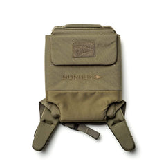 The Ruck Plate Carrier 3.0 by GORUCK in olive green is made from robust 1000D CORDURA and includes a front pocket showcasing the brand's logo and arrow design. It features adjustable straps and ergonomic lumbar support, making it an ideal minimalist backpack for outdoor activities.