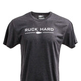 GORUCK Ruck Hard t-shirt in dark gray with bold white text and arrow graphic, front view.