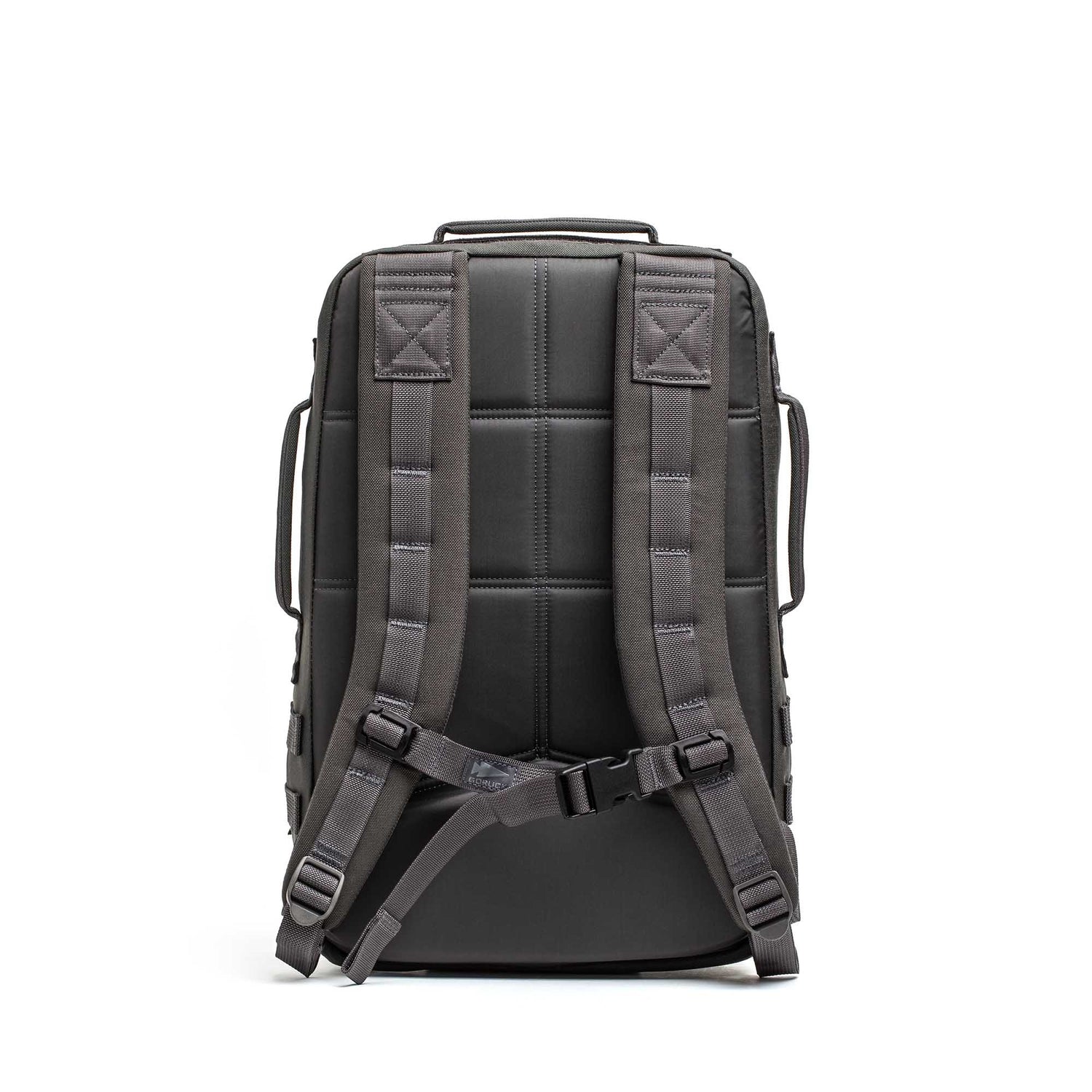 The Rucker 5.0 is shown in black from the back, highlighting its padded straps and sternum buckle.