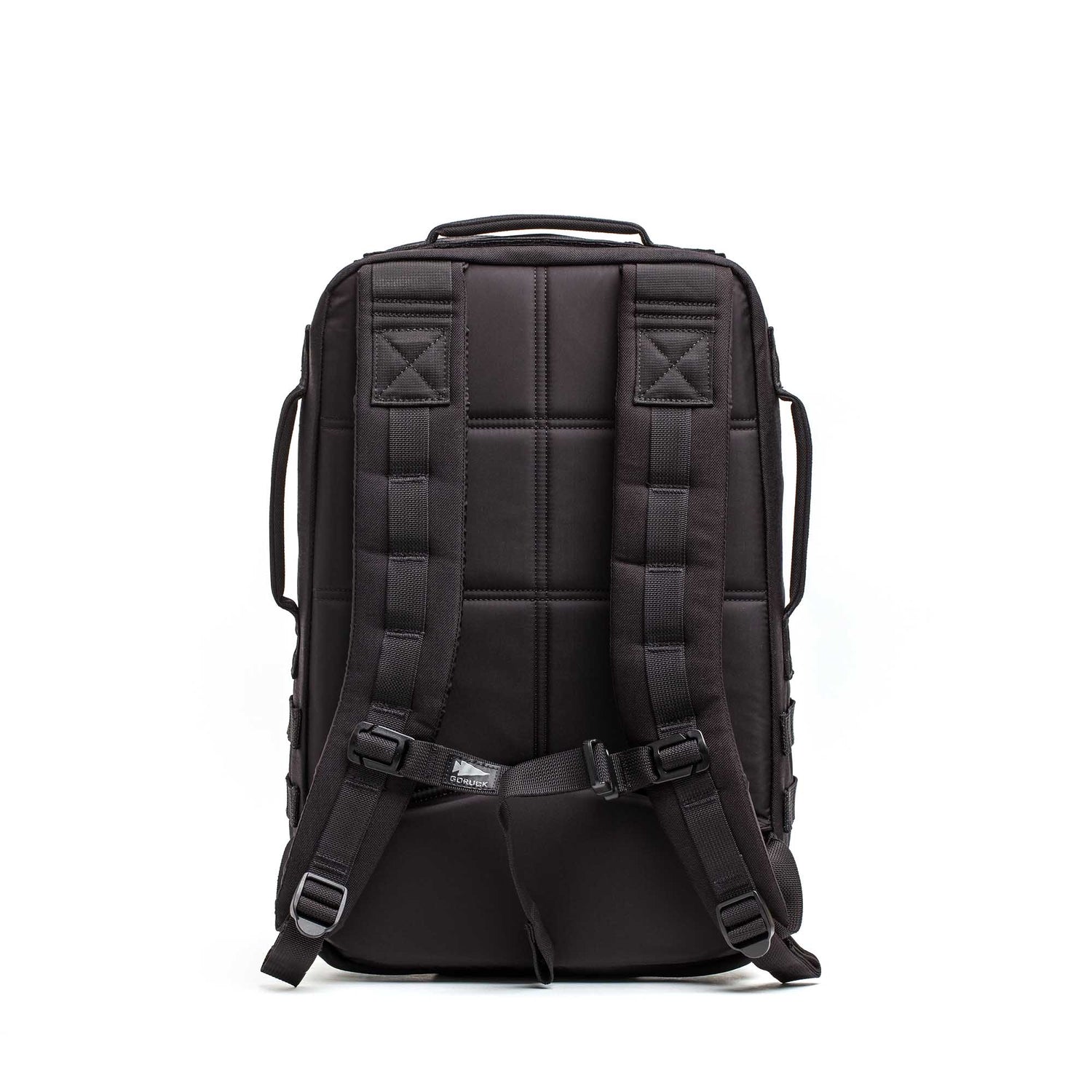 The Rucker 5.0, shown from the back, features padded shoulder straps and a padded back panel—a durable black rucksack ideal for rucking enthusiasts.