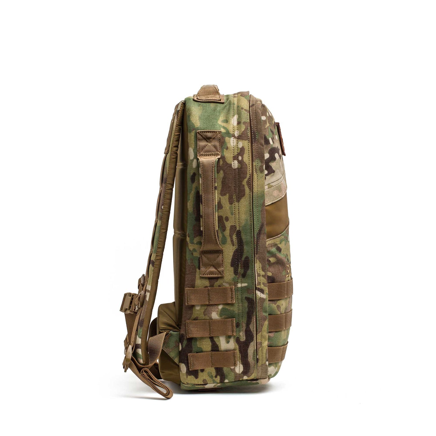 Side view of the Rucker 5.0, a camouflage-patterned rucksack for rucking, featuring adjustable straps and webbing, shown on a white background.