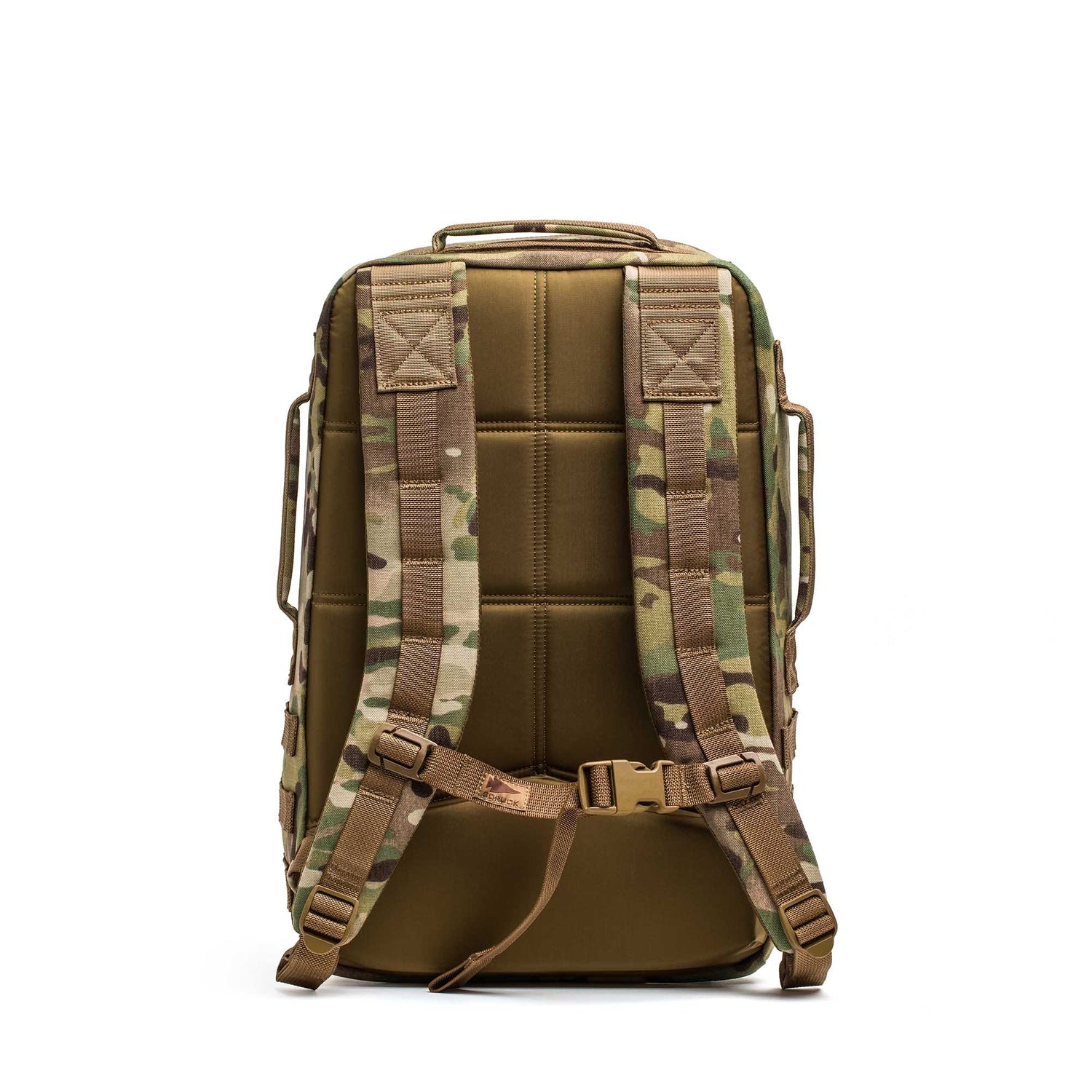 The Rucker 5.0 rucksack in a camouflage pattern is displayed from the back, showcasing its padded straps and sturdy buckles—ideal for rucking enthusiasts.