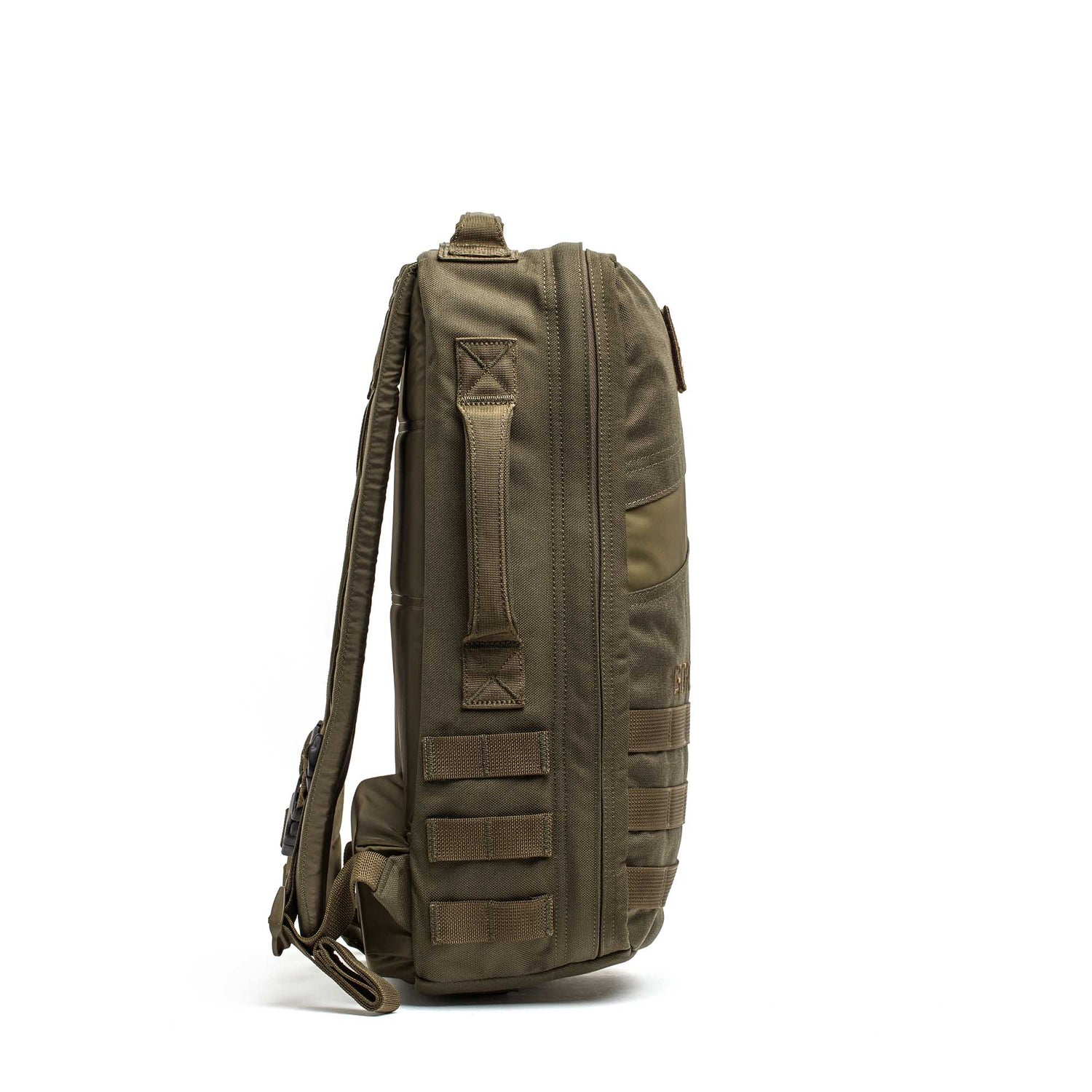 Side view of the olive green Rucker 5.0 rucksack with MOLLE webbing, zippers, and adjustable straps—ideal for rucking and outdoor adventures.