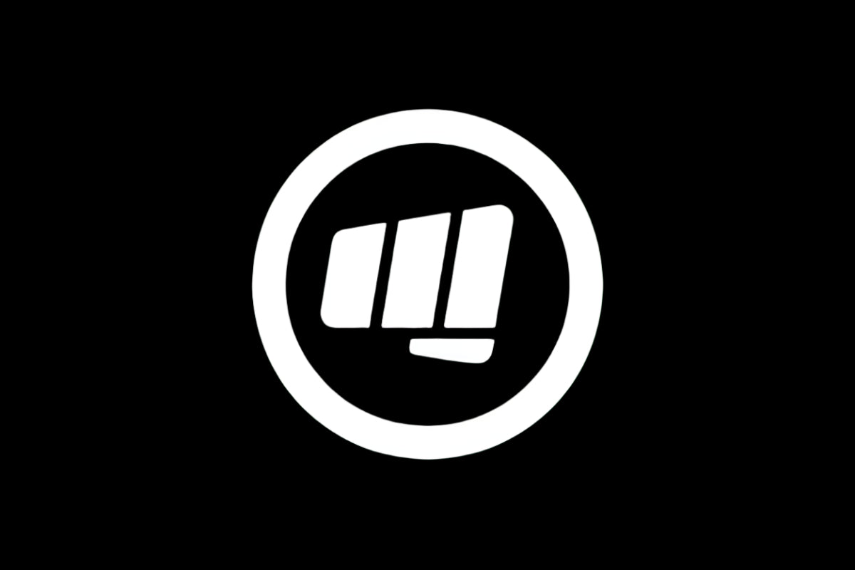 A white stylized fist icon inside a white circle on a black background.