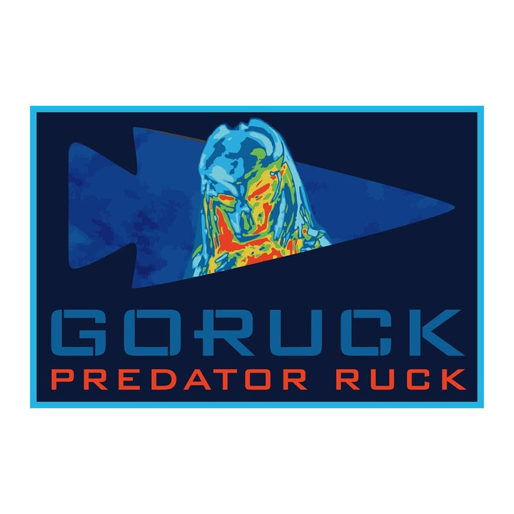 A patch showcases a stylized graphic of a thermal vision creature with the text "GORUCK PREDATOR RUCK.