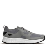 Introducing the Men's Rough Runner - Speed Grey + White by GORUCK: This athletic shoe features a stylish gray design with black accents and a white textured sole, perfect for the Rough Runner. Designed with breathable mesh fabric, it showcases a sleek black arrow logo on the heel and includes a handy pull tab on the back. Its gradient density sole offers exceptional durability for both running and casual wear.