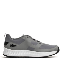 Introducing the Men's Rough Runner - Speed Grey + White by GORUCK: This athletic shoe features a stylish gray design with black accents and a white textured sole, perfect for the Rough Runner. Designed with breathable mesh fabric, it showcases a sleek black arrow logo on the heel and includes a handy pull tab on the back. Its gradient density sole offers exceptional durability for both running and casual wear.