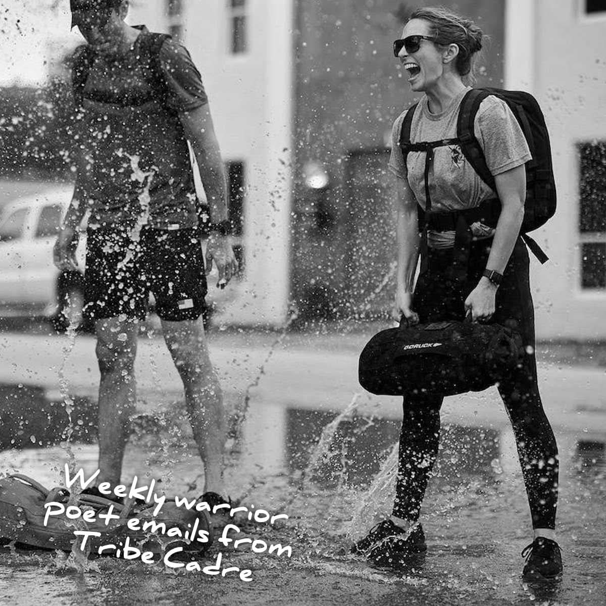 Two backpackers laugh and splash in the water. Text overlay says, 