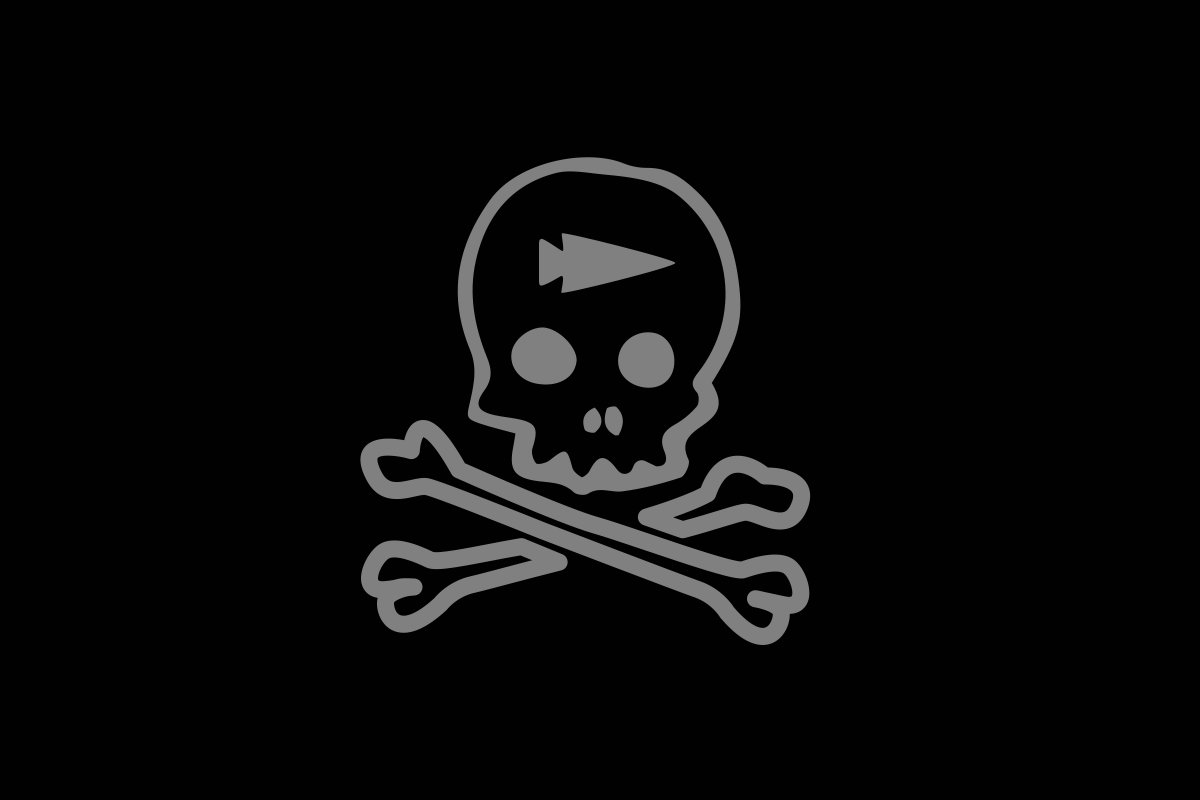 Gray skull and crossbones with a right-pointing triangle on the forehead, on a black background.