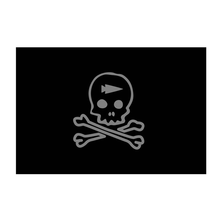 Black flag with a gray skull and crossbones; a play button icon is on the skull's forehead.