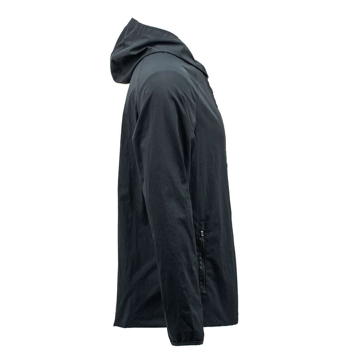 The Indestructible Challenge Windbreaker, a black hooded jacket made from abrasion-resistant ToughDry fabric, is shown from the left side against a white background.