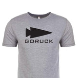 GORUCK gray t-shirt with black arrowhead logo and bold GORUCK text on chest