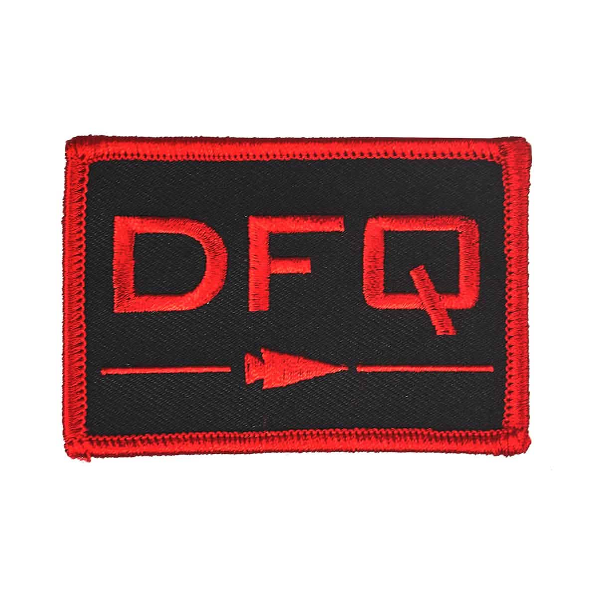 The Patch - DFQ - Black + Red by vendor-unknown is a rectangular black patch showcasing vibrant red embroidered letters 