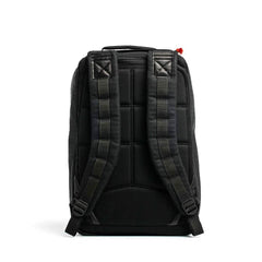 Black backpack shown from the back, featuring padded shoulder straps and quilted stitching, crafted with premium Japanese cotton fabric from the GR1 USA x Carryology - GRXC2 Samurai collection.