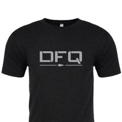 The DFQ Tee Tri-Blend by vendor-unknown is a black T-shirt showcasing "DFQ" prominently printed in gray on the front, subtly reflecting the mantra "Don't F*king Quit," and adorned with a small, motivational arrow design positioned just below the text.