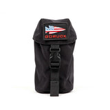 GORUCK black water bottle pouch with buckle and American flag patch on white background