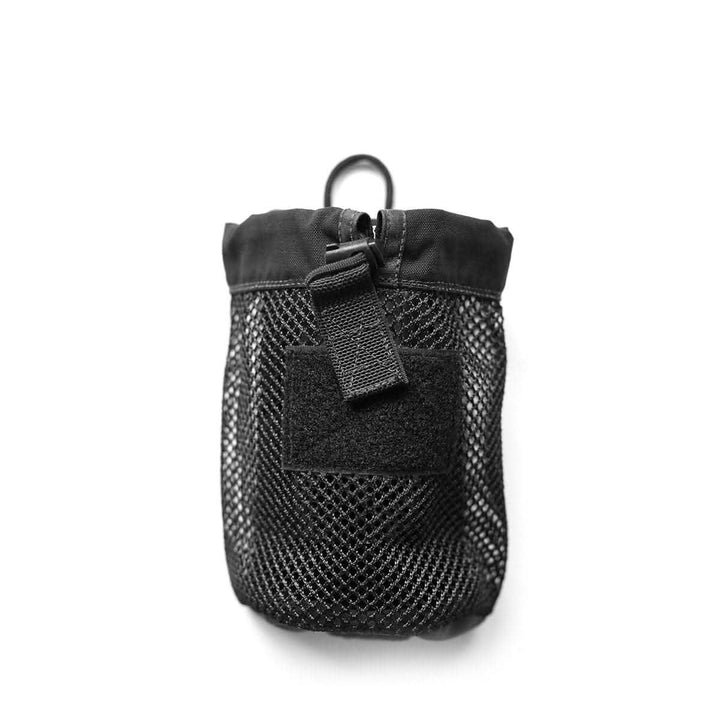 The GORUCK Mesh Water Bottle Pocket is a black mesh and fabric pouch with a zippered top and front buckle strap, ideal for easy access on the go. Designed against a white background, it perfectly fits a Nalgene water bottle.
