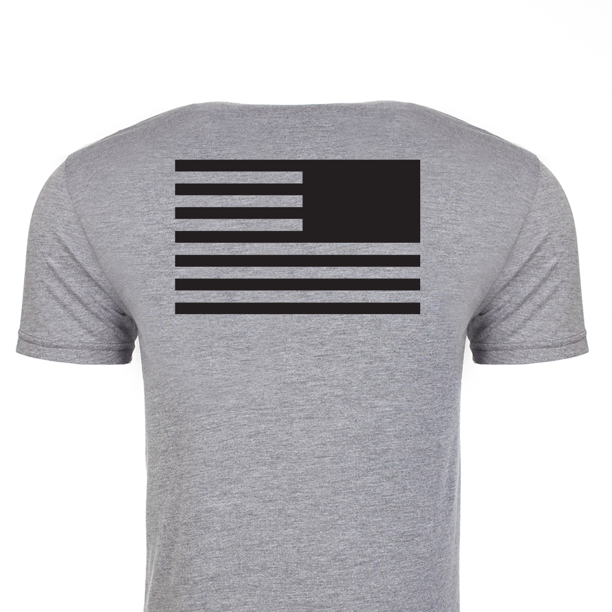 The Reverse Flag Tee - Tri-Blend by vendor-unknown showcases a stylized black reverse flag design with seven stripes and a rectangular block, symbolizing courage and respect, on the upper back of the gray T-shirt.
