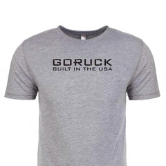 GORUCK gray t-shirt with 'Built in the USA' text, rucking gear apparel