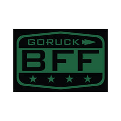 Green and black GORUCK BFF patch with four stars and arrow logo for tactical rucking gear