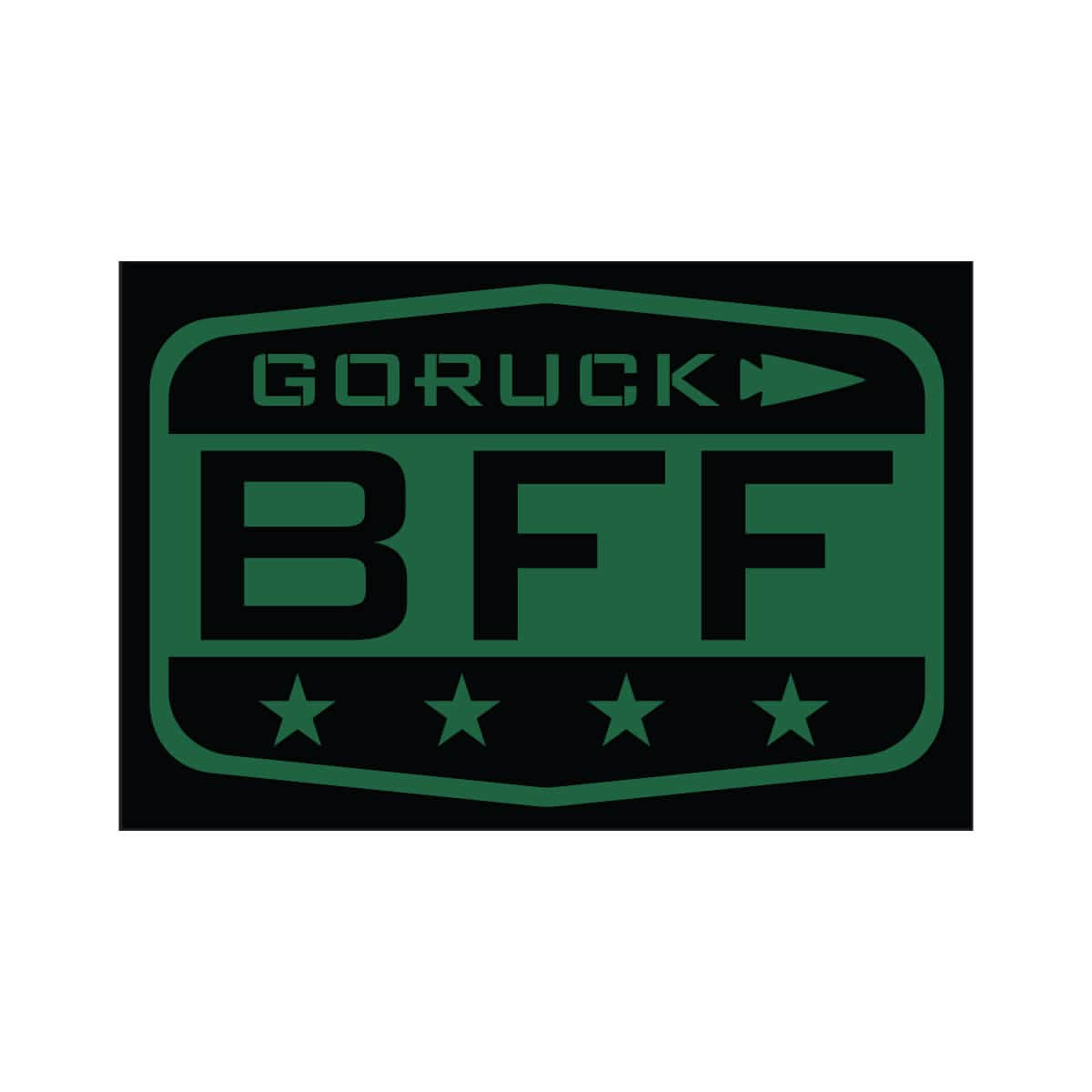 The Patch - BFF Test by vendor-unknown is a badge-like design showcasing a dark green and black rectangular logo with the text GORUCK BFF. An arrow pointing to the right sits above "BFF," while four stars are aligned below, reflecting GORUCK's spirit and supporting your Baseline Functional Fitness Test goals.