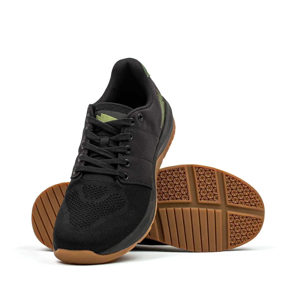 Ballistic Trainers - Black + Gum w/ Green Reflective Spearhead: Durable black CORDURA Ballistic Nylon workout shoes with brown rubber soles, shown upright and tread-side, designed for long-lasting performance in functional fitness.