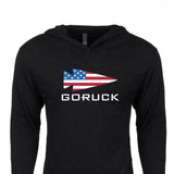 Black GORUCK hoodie with American flag arrowhead logo on front