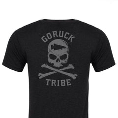 Black GORUCK Tribe T-shirt featuring a skull and crossed bones graphic on the back