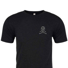 Black GORUCK Tribe T-shirt with small skull and crossed ruck sticks logo on left chest