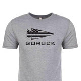 GORUCK grey t-shirt featuring black American flag arrowhead logo on the chest