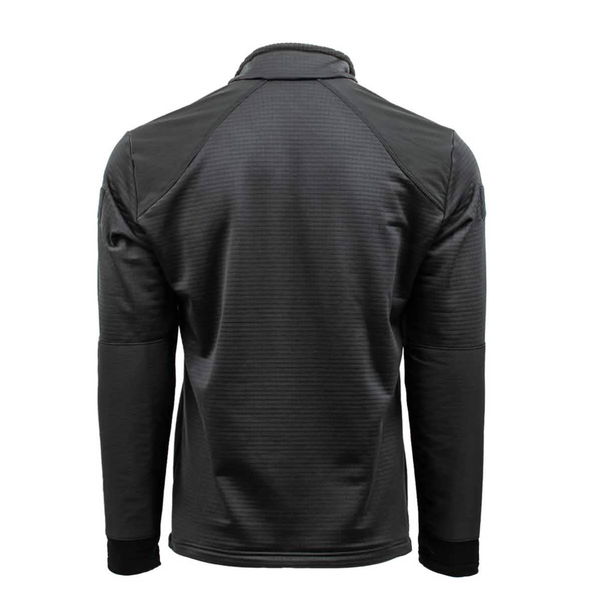 Rear view of a long-sleeve Men’s Half Zip by GORUCK, crafted in dark gray Polartec Grid Fleece with a high collar and textured fabric. It features a subtle striped pattern, black cuffs, and is designed with ToughDry Fabric for optimal performance. This simple yet modern piece defines functionality and style, ideal for individuals seeking durability without compromising elegance.